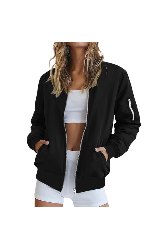 Womens Classic Jacket Zipper Ribbed Cuff Outerwear Lightweight Baseball Coat