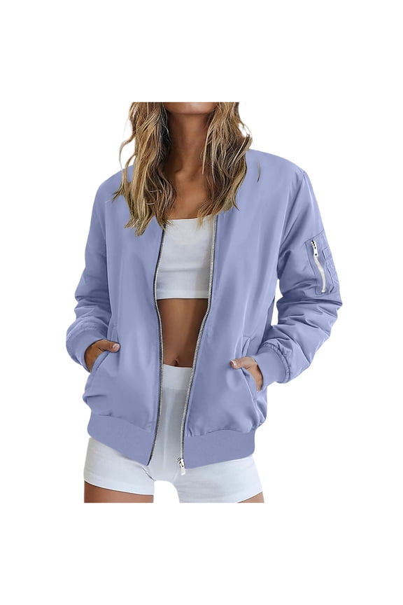 Womens Classic Jacket Zipper Ribbed Cuff Outerwear Lightweight Baseball Coat