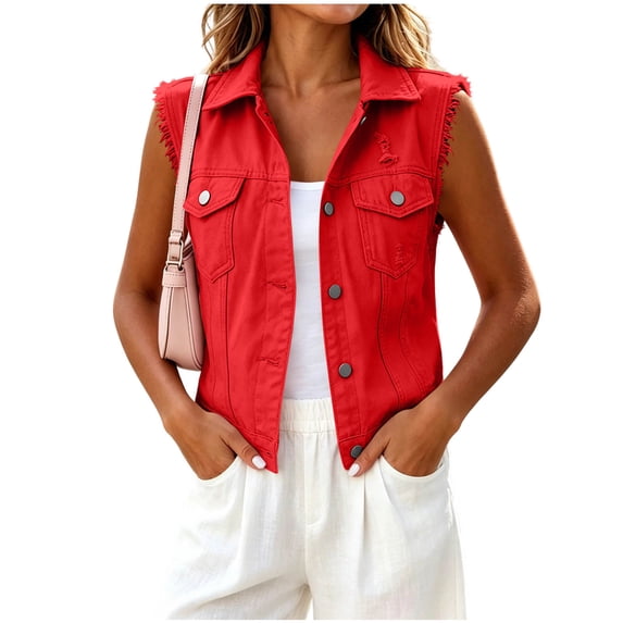Admvng Womens Collared Denim Sleeveless Vest Plus Size Button Down Chest Pocket Cropped Colored Jean Casual Layering Gilet