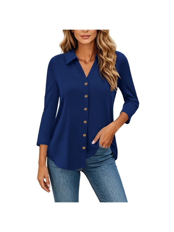 Womens Collared V Neck 3/4 Sleeve Button Down Tunic Top Soft Stretch Solid Color Casual Summer Blouse Shirt