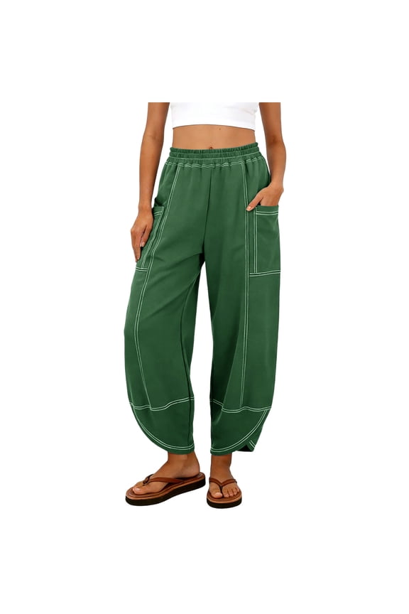 Womens Contrast Stitch Balloon Pants with Elastic Waist & Pockets Casual Trousers