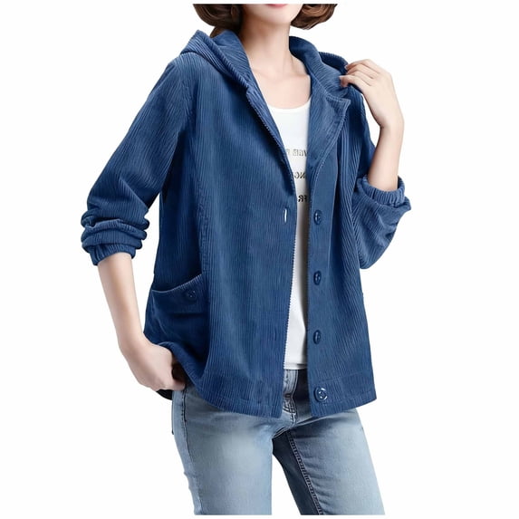 Admvng Womens Corduroy Button Down Hooded Jacket Long Sleeve Loose Casual Coat with Side Pockets