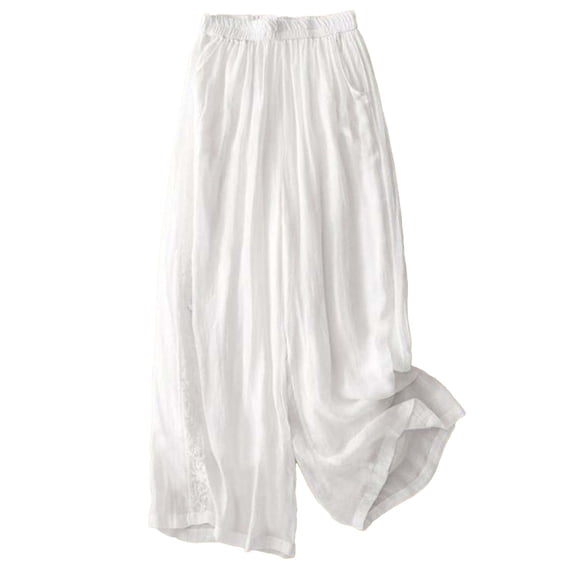 Admvng Womens Cotton Linen Pants Casual Embroidered Wide Leg Comfortable Summer Trousers