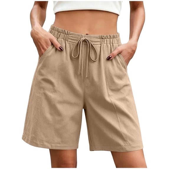 Admvng Womens Cotton Linen Textured Casual Shorts Elastic Drawstring Waist Solid Summer Shorts with Side Pockets