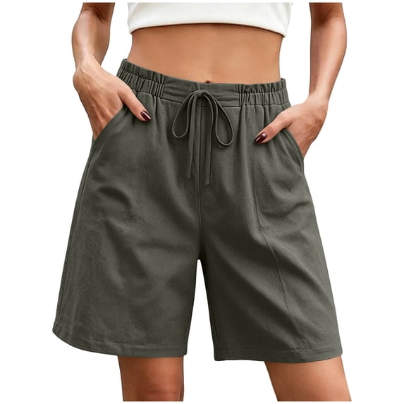 Admvng Womens Cotton Linen Textured Casual Shorts Elastic Drawstring Waist Solid Summer Shorts with Side Pockets