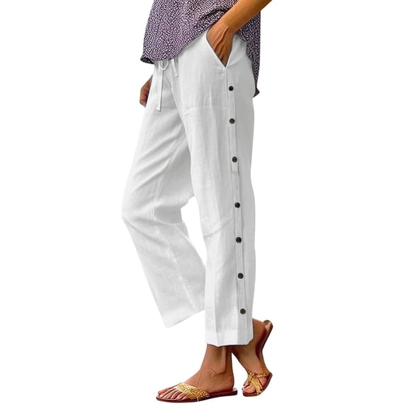 Admvng Womens Cotton and Linen Pants Plus Size Drawstring Waist Button Detail Solid Casual Pants with Pockets