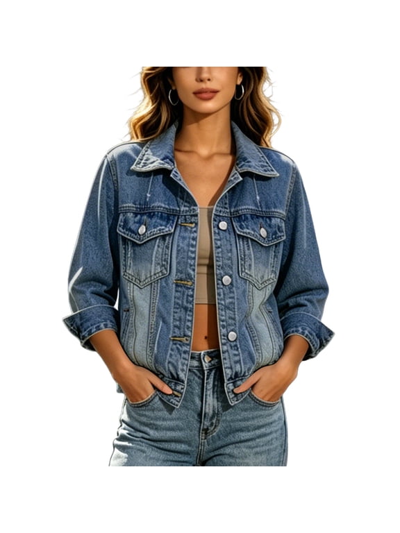 Womens Cropped Denim Jacket Lapel Button Down Multi-Pocket Vintage Washed Casual Short Coat