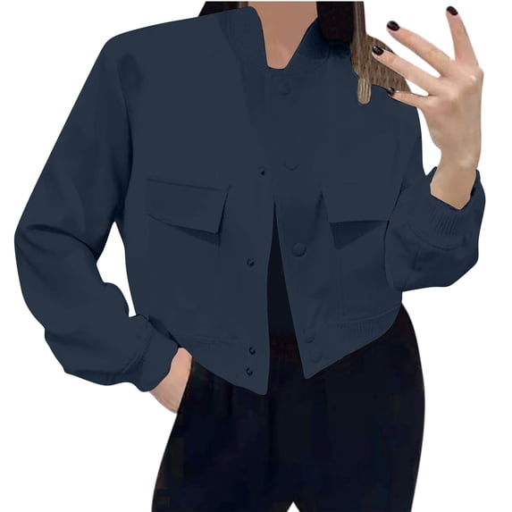 Admvng Womens Cropped Jacket Stand Collar Button Down Balloon Long Sleeve Pocket Lightweight Casual Short Coat