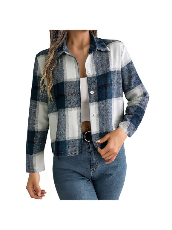 Womens Cropped Plaid Shacket Lapel Collar Button Down Long Sleeve Casual Short Shirt Jacket