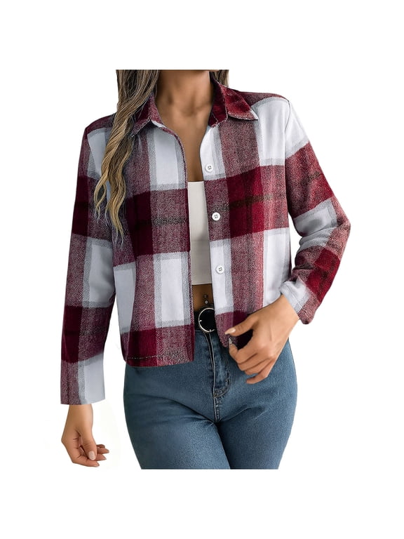 Womens Cropped Plaid Shacket Lapel Collar Button Down Long Sleeve Casual Short Shirt Jacket