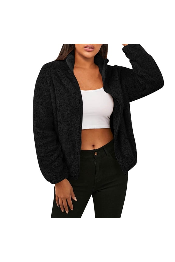 Womens Cropped Sherpa Fleece Jacket Long Sleeve Fall Winter Daily Street Wear Teddy Coat with Side Pockets