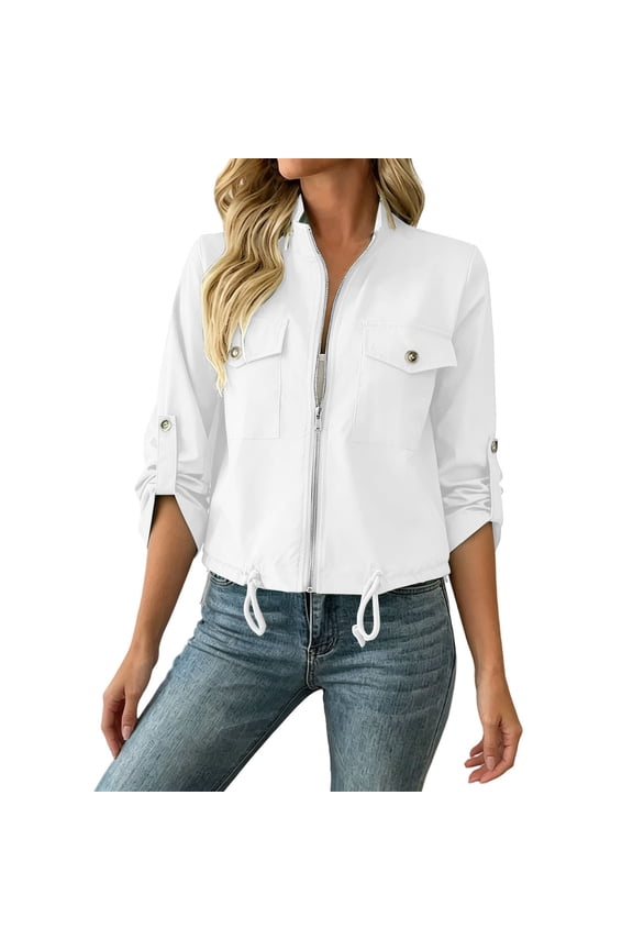 Womens Cropped Windbreaker Jacket Zip Up Drawstring Hem Casual Short Outdoor Sports Coat