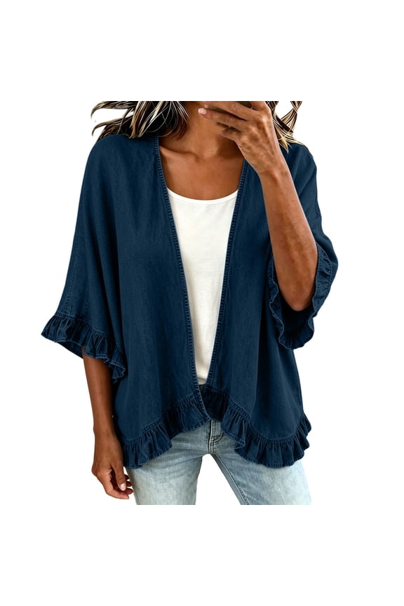 Womens Denim Cardigan Open Front Ruffle Trim Flare Sleeve Cropped Casual Jean Jacket