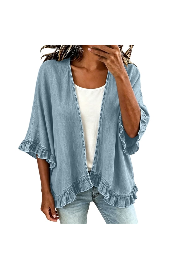 Womens Denim Cardigan Open Front Ruffle Trim Flare Sleeve Cropped Casual Jean Jacket