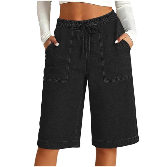 Admvng Womens Denim Shorts Elastic Waist Drawstring Casual Shorts with Pockets