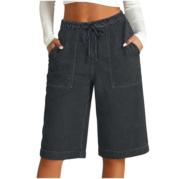 Admvng Womens Denim Shorts Elastic Waist Drawstring Casual Shorts with Pockets
