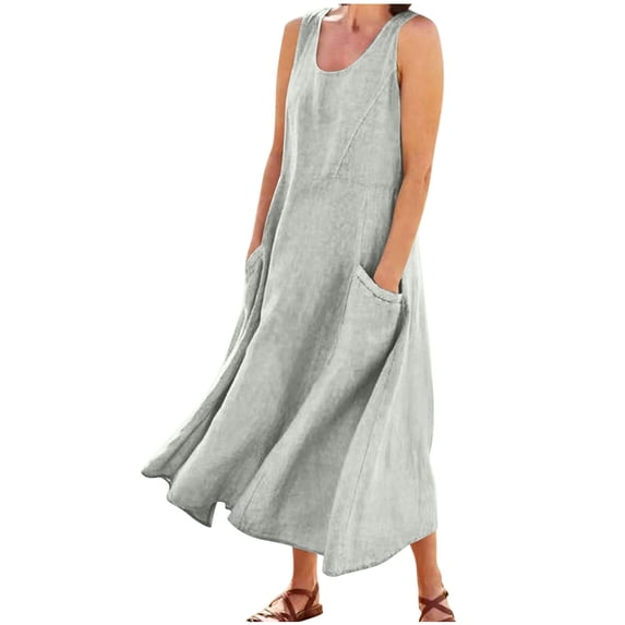 Admvng Womens Dress Cotton Linen Plus Size Sleeveless Pocket Casual Flowy Summer Dress