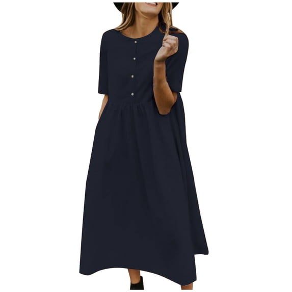 Admvng Womens Dress Cotton Linen Short Sleeve Button Casual Flowy Summer Dress
