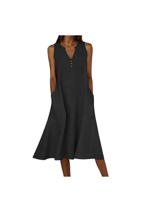 Womens Dress Eyelet V Neck Sleeveless Button Detail Summer Beach Vacation Everyday Dress with Pockets