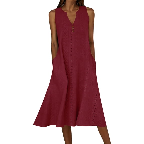 Admvng Womens Dress Eyelet V Neck Sleeveless Button Detail Summer Beach Vacation Everyday Dress with Pockets