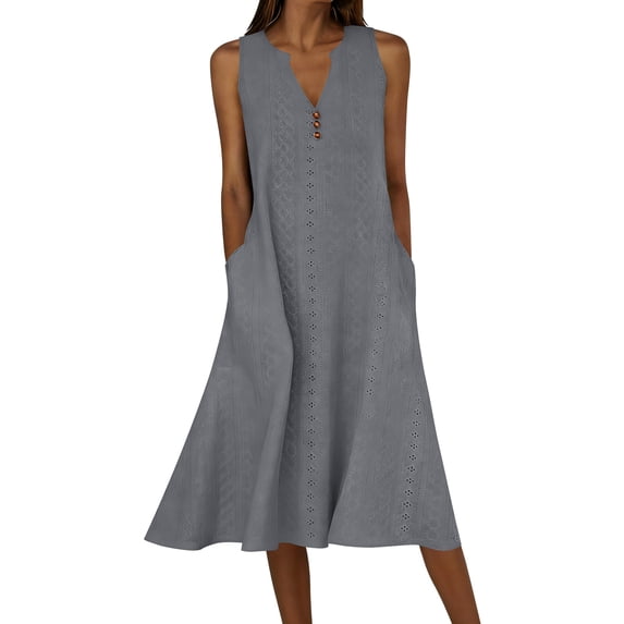 Admvng Womens Dress Eyelet V Neck Sleeveless Button Detail Summer Beach Vacation Everyday Dress with Pockets