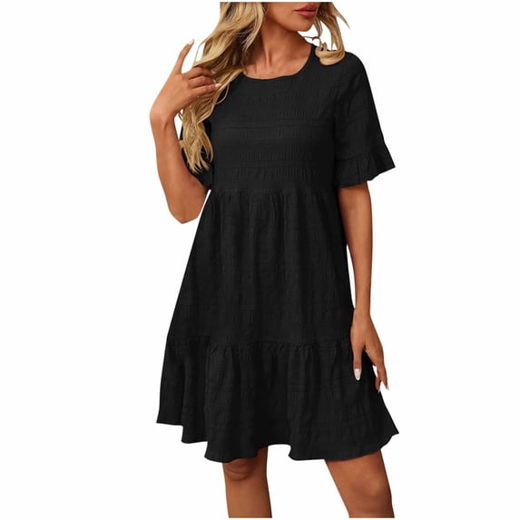 Admvng Womens Dress Ruffle Sleeve Tiered Round Neck Casual Flowy Summer Vacation Dress