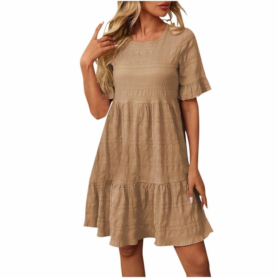 Admvng Womens Dress Ruffle Sleeve Tiered Round Neck Casual Flowy Summer Vacation Dress