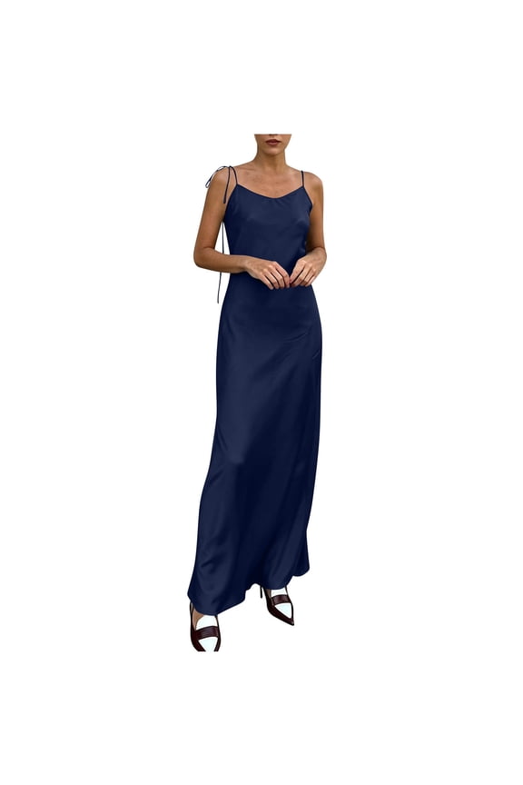 Womens Dress Satin Spaghetti Strap Solid Round Neck Sleeveless Casual Spring and Summer formal Events & Parties Dresses