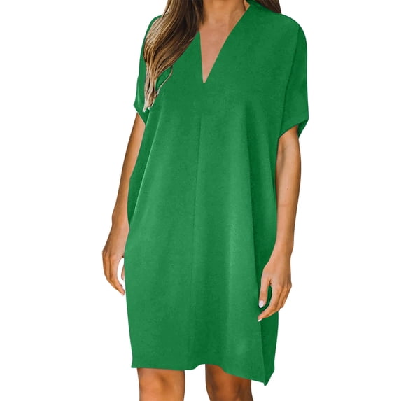 Admvng Womens Dress Solid V Neck Short Sleeve Casual Comfortable Dresses