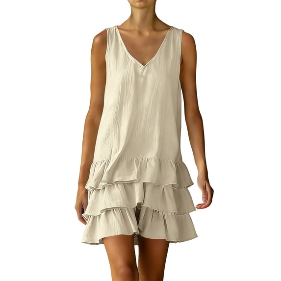 Admvng Womens Dress Tiered Ruffle V Neck Sleeveless Summer Comfy Double Layer Hem Dress