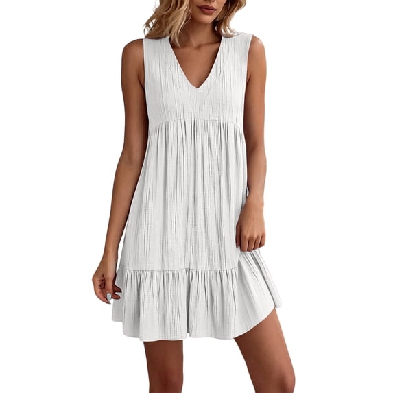 Admvng Womens Dress V Neck Pocket Sleeveless Tiered Ruffle Hem Casual Flowy Summer Dress