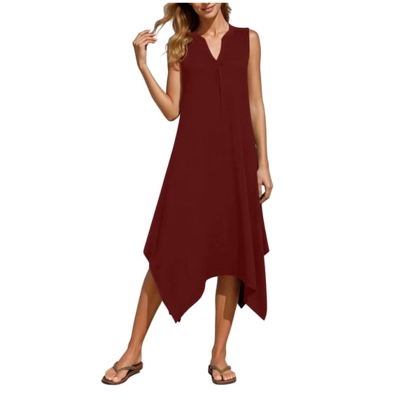 Admvng Womens Dress V Neck Sleeveless Asymmetrical Hem Summer Comfy Dress