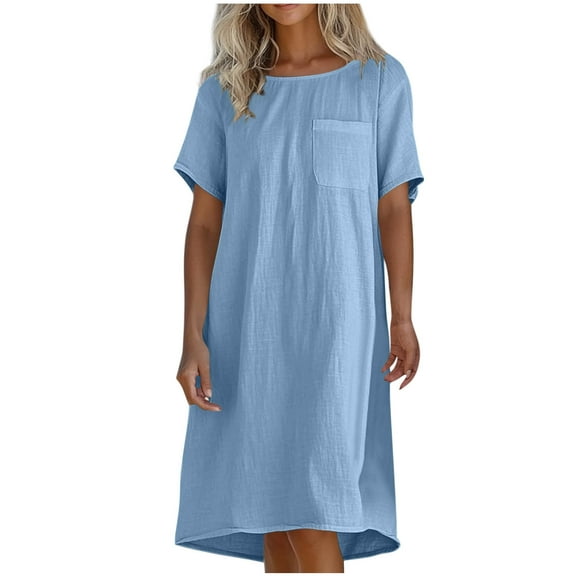 Admvng Womens Dresses Summer Casual Round Neck Solid Short Sleeve Beach Sundresses with Pockets S-3XL
