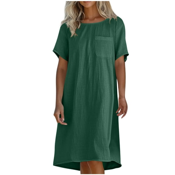 Admvng Womens Dresses Summer Casual Round Neck Solid Short Sleeve Beach Sundresses with Pockets S-3XL