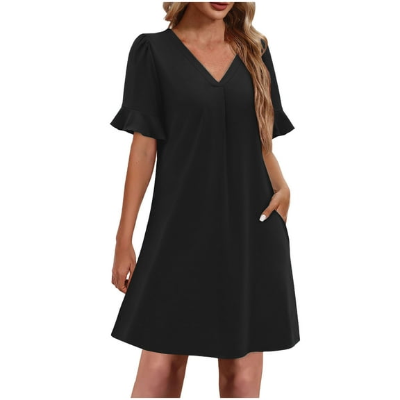 Admvng Womens Dresses Summer Solid Color V-neck Ruffle Short Sleeved A Line Dress with Pockets S-2XL