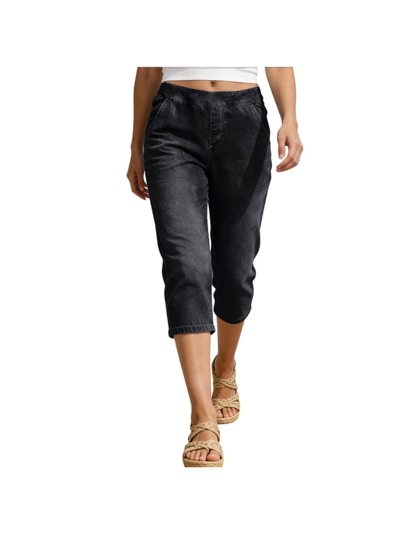 Womens Elastic Waist Denim Capri Pants with Side Pockets Soft Lightweight Cropped Jeans