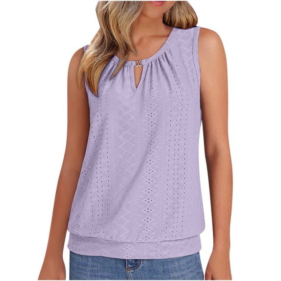 Admvng Womens Eyelet Keyhole Neck Tank Top Sleeveless Pleated Casual Summer Blouse with Metal Ring