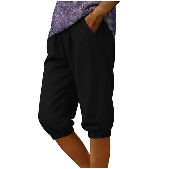 Admvng Womens Faux Denim Capri Pants Elastic Waist Casual Cropped Pants with Pockets
