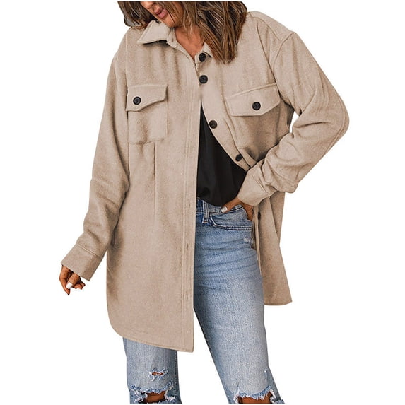 Admvng Womens Fleece Shacket Jacket Lapel Collar Button Down Mid Length Soft Fall Winter Flannel Shirt Coat
