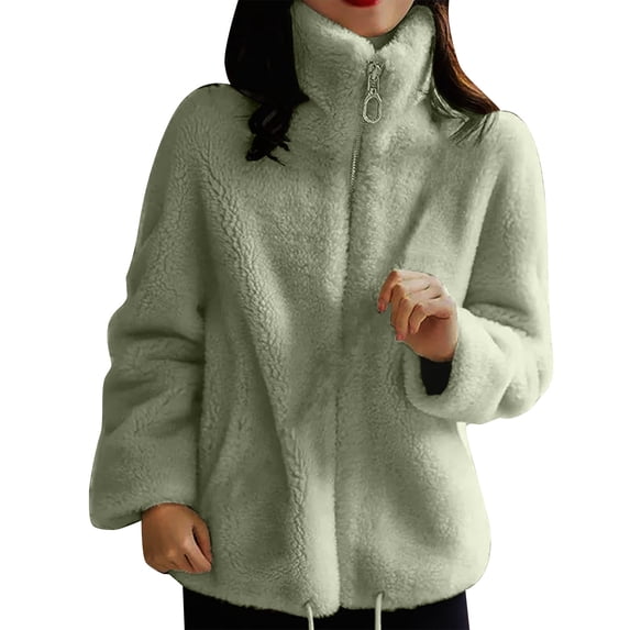 Admvng Womens Fuzzy Teddy Fleece Jacket Plus Size Long Sleeve Drawstring Hem Fall Winter Casual Soft Warm Sherpa Coat