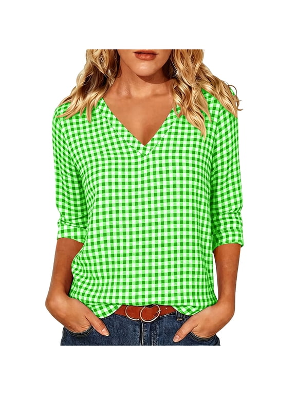 Womens Gingham Check Blouse V Neck 3/4 Sleeve Lightweight Plaid Casual Summer Shirt Top