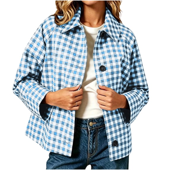 Admvng Womens Gingham Plaid Jacket Button Down Lapel Long Sleeve Cropped Casual Checkered Outerwear