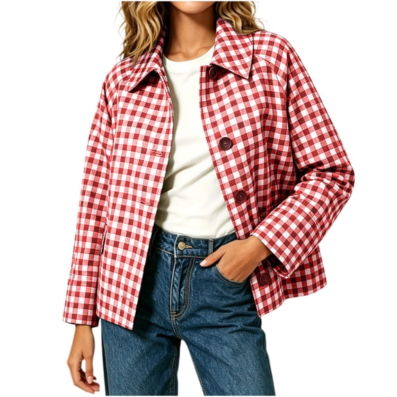 Admvng Womens Gingham Plaid Jacket Button Down Lapel Long Sleeve Cropped Casual Checkered Outerwear