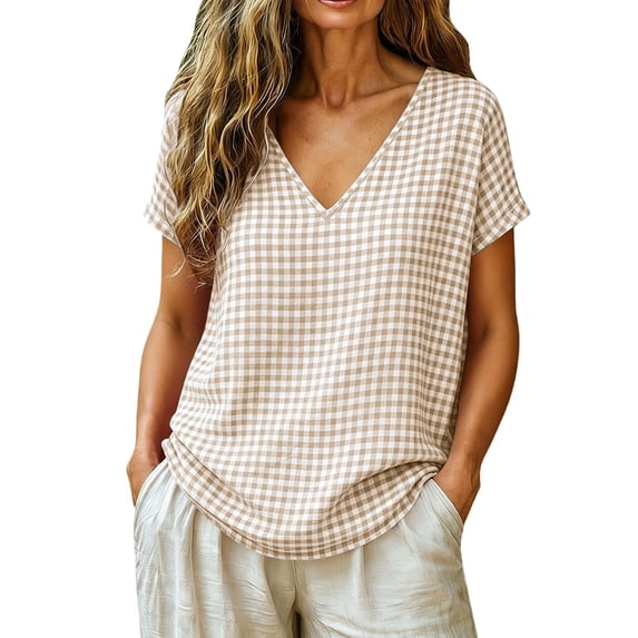 Admvng Womens Gingham Plaid V Neck Tunic Tops Short Sleeve Casual Checkered Tees