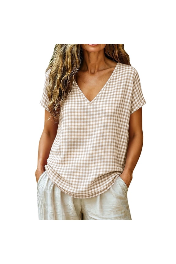 Womens Gingham Plaid V Neck Tunic Tops Short Sleeve Casual Checkered Tees