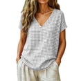 thumbnail image 1 of Admvng Womens Gingham Plaid V Neck Tunic Tops Short Sleeve Casual Checkered Tees, 1 of 7