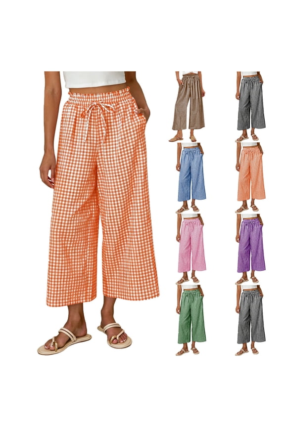 Womens Gingham Wide Leg Cropped Pants Elastic Drawstring Waist with Pockets