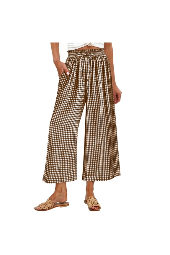Womens Gingham Wide Leg Cropped Pants Elastic Drawstring Waist with Pockets