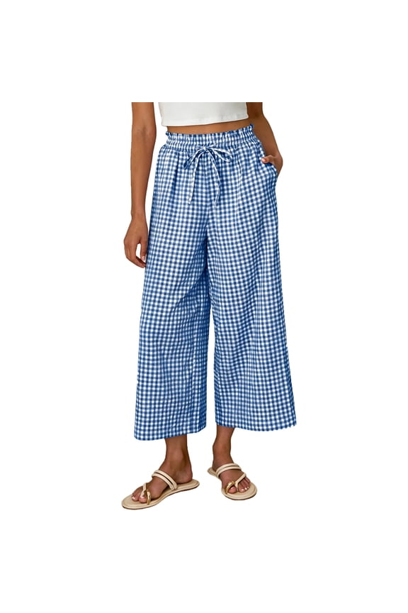 Womens Gingham Wide Leg Cropped Pants Elastic Drawstring Waist with Pockets