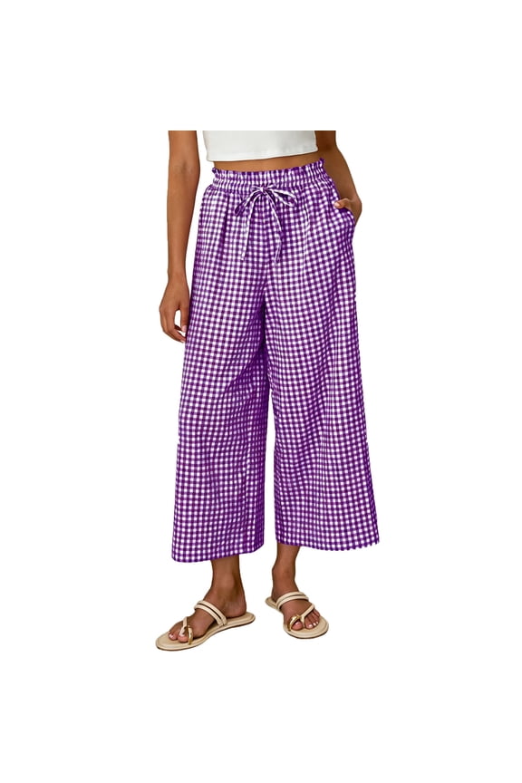Womens Gingham Wide Leg Cropped Pants Elastic Drawstring Waist with Pockets